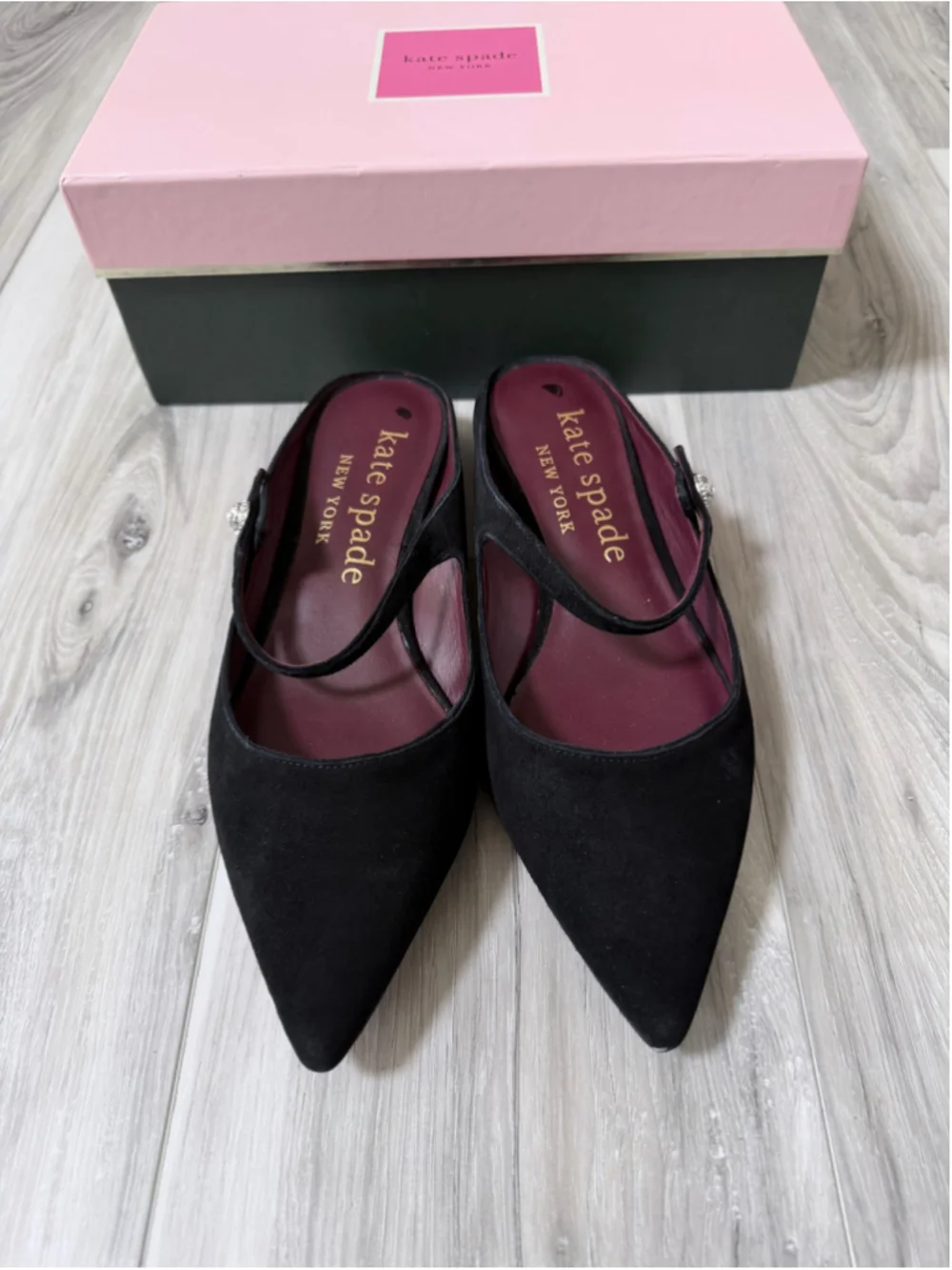Kate Spade Meg Mules Black Suede Pointed Toe Crystal Size 9.5 New Box